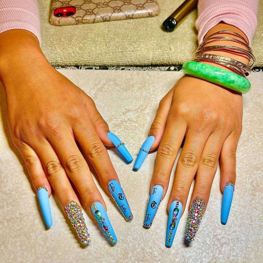  Bling Matte Baby Blue Nails With Rhinestones