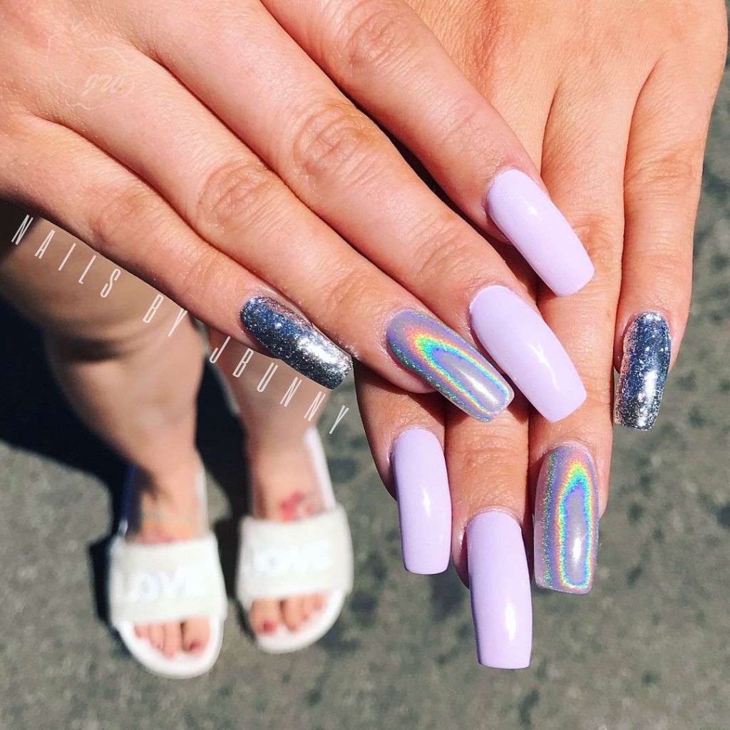 Pastel Purple Nails With Rainbow Design