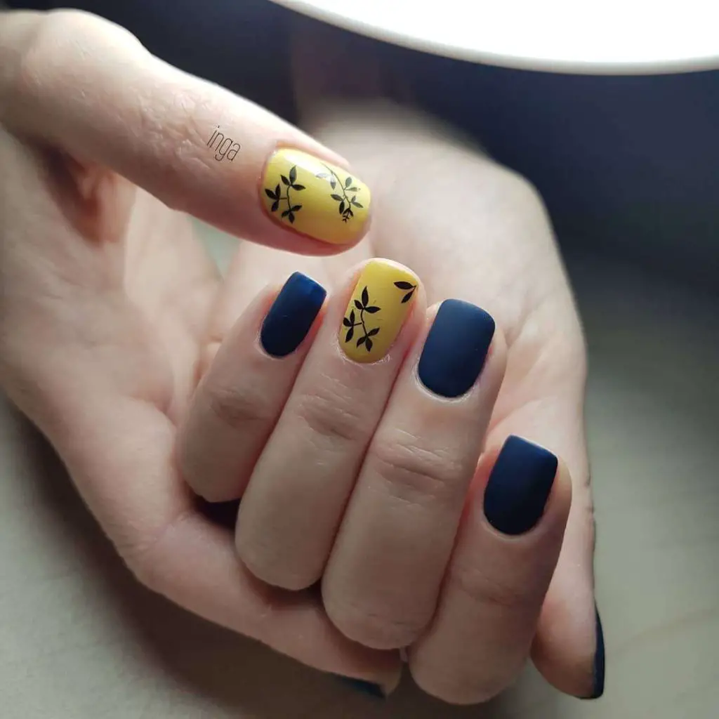 Bamboo Leaves On Matte Navy Blue And Yellow Nails
