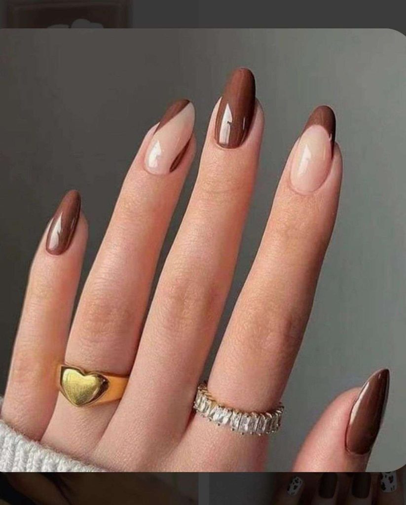Chocolate Brown Almond Nails With Gold Details