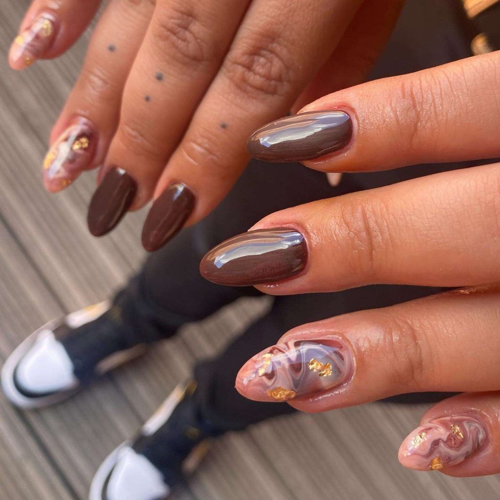 Chocolate Marble Brown Almond Nails