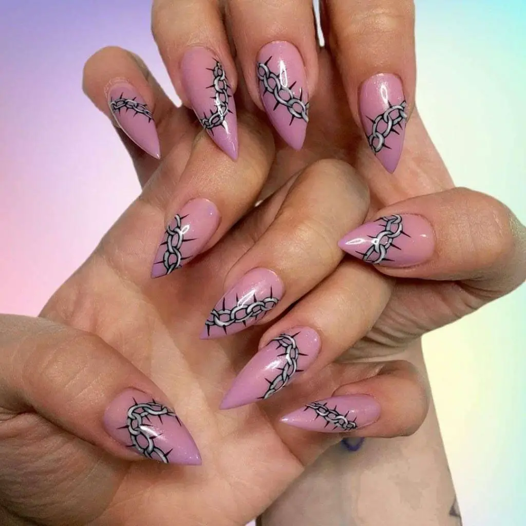 Pink A-Shaped E Girl Nails With Chain Design 