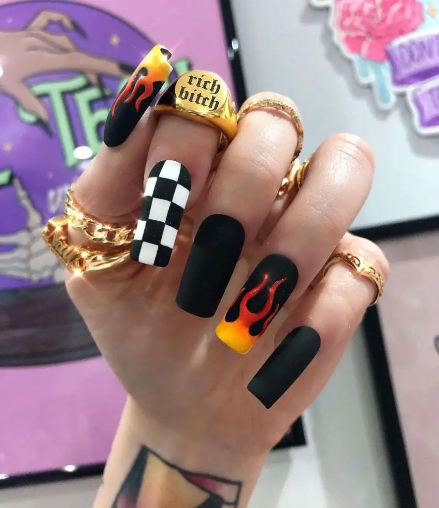 Black E Girl Nails With Flame And Track Road Design