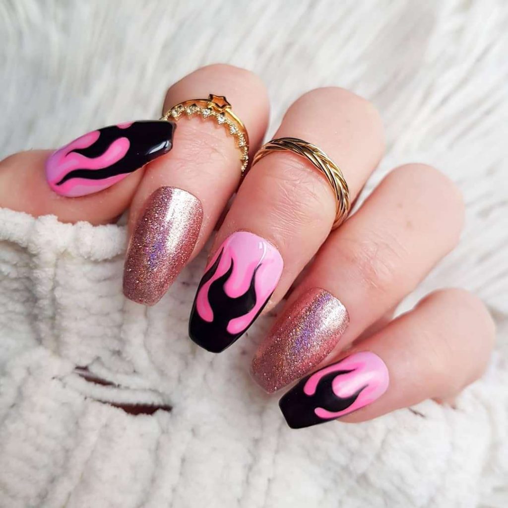 Short Pink E Girl Nails With Glitter And Flame Design