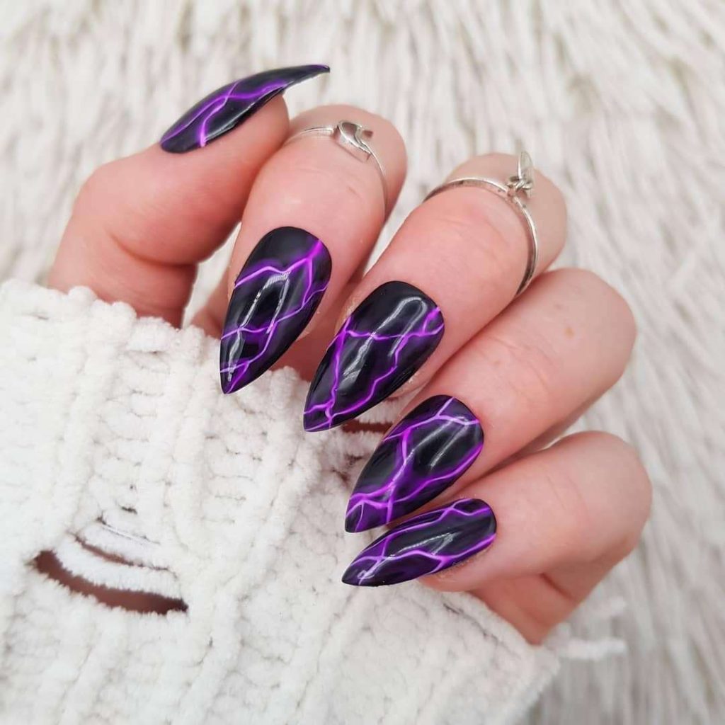 Gothic Black And Purple Lightning E Girl Nails