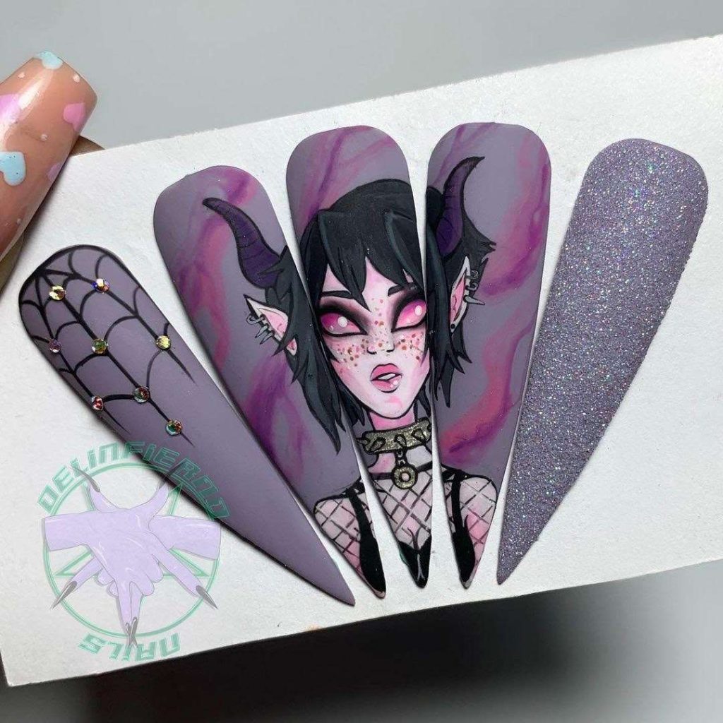 Purple E Girl Acrylic Nails With A Cool E-Girl Image