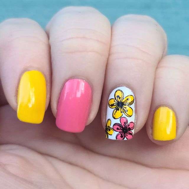 Floral Accent Pink And Yellow Nails