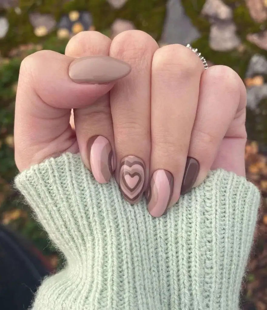 Heart Brown Almond Nails