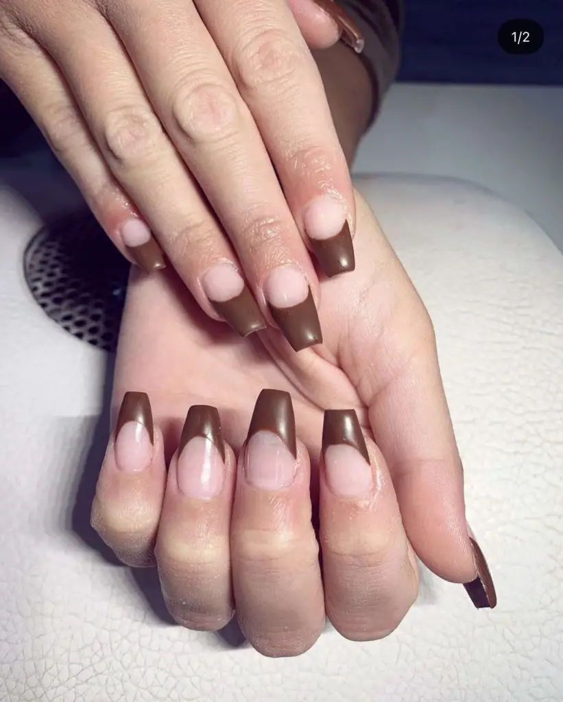 Medium Coffin Brown French Tip Nails