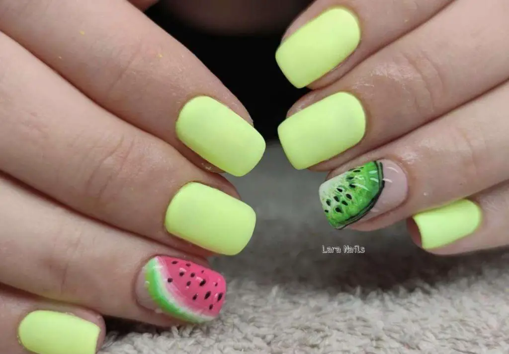 Matte Yellow Nails With Watermelons