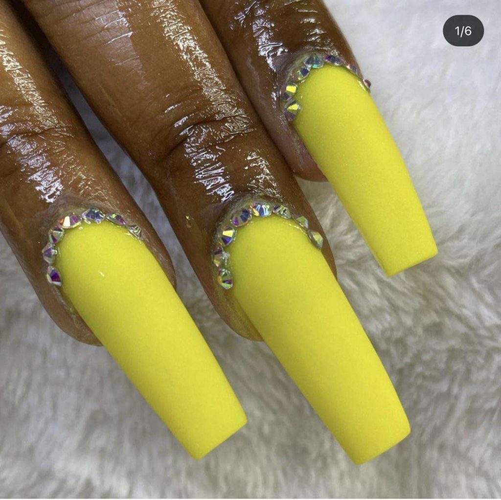 Neon Coffin Matte Yellow Nails With Rhinestones