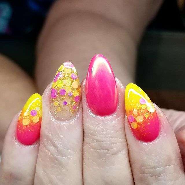 Neon Glitter Fade Pink And Yellow Nails
