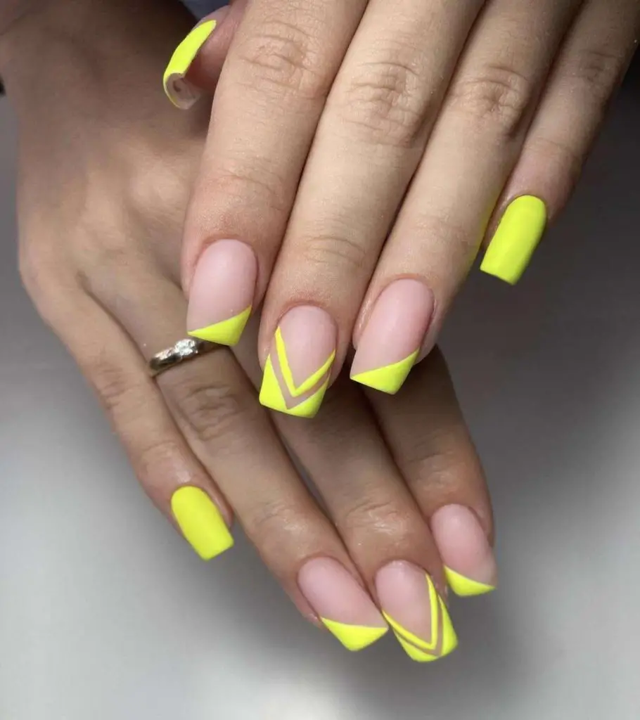 Neon Matte Yellow Nails With French Tips