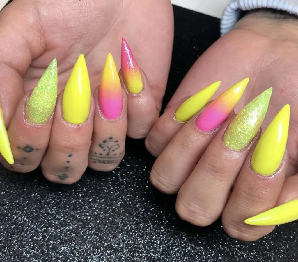 Neon Matte Yellow Nails With Pink