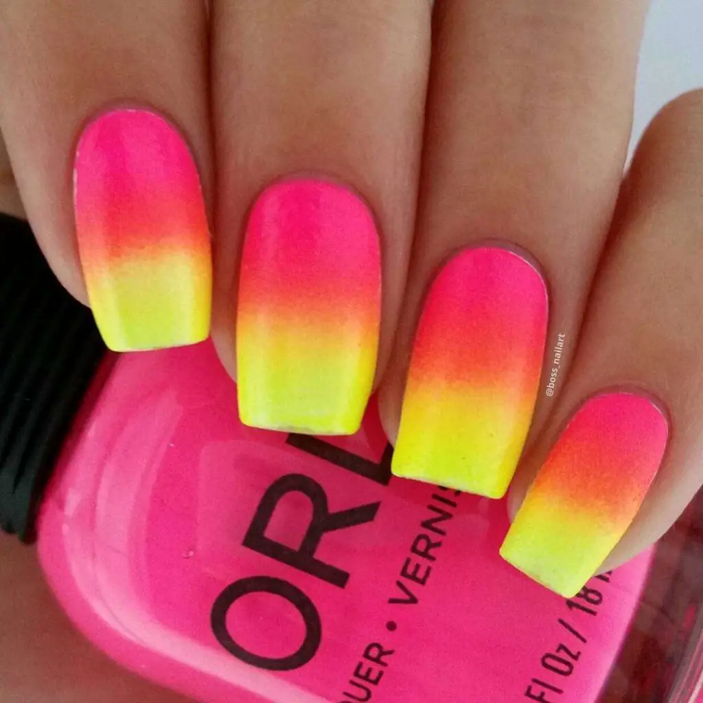 Neon Ombre Pink And Yellow Nails