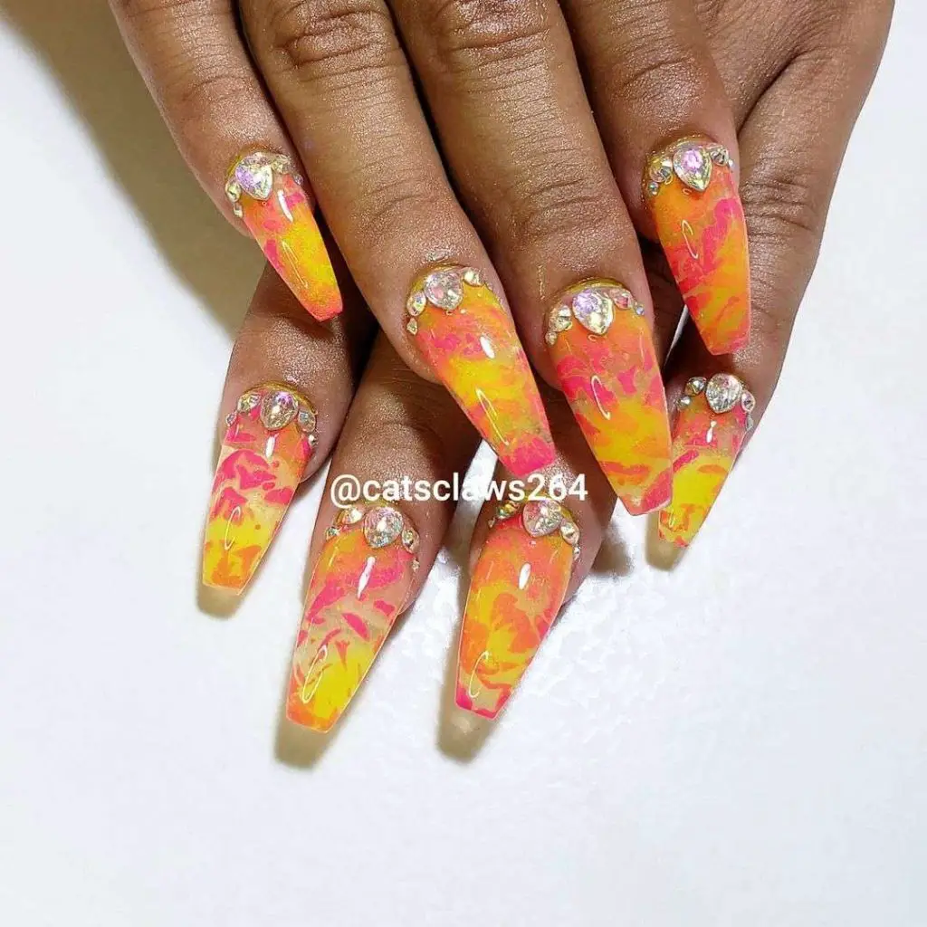Neon Pink And Yellow Nails With Gems