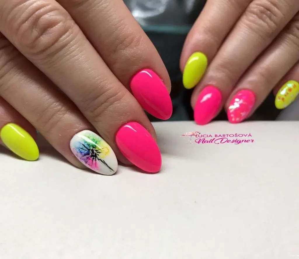 Neon Pink And Yellow Nails With Rainbow Tree Accent
