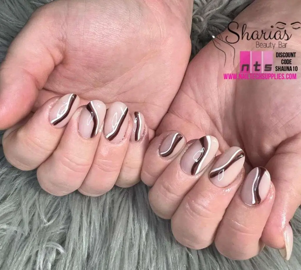 Neutral Swirls Brown Almond Nails