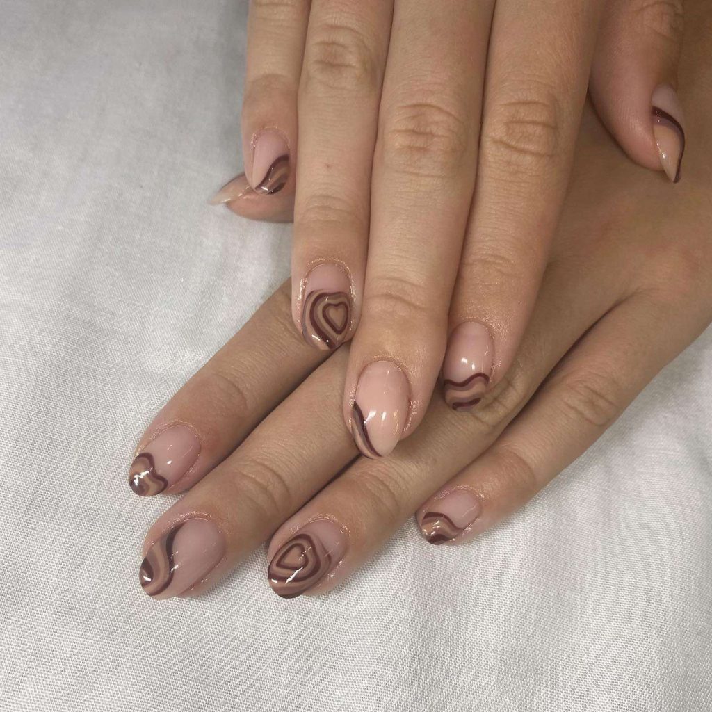 Nude Heart Brown Almond Nails