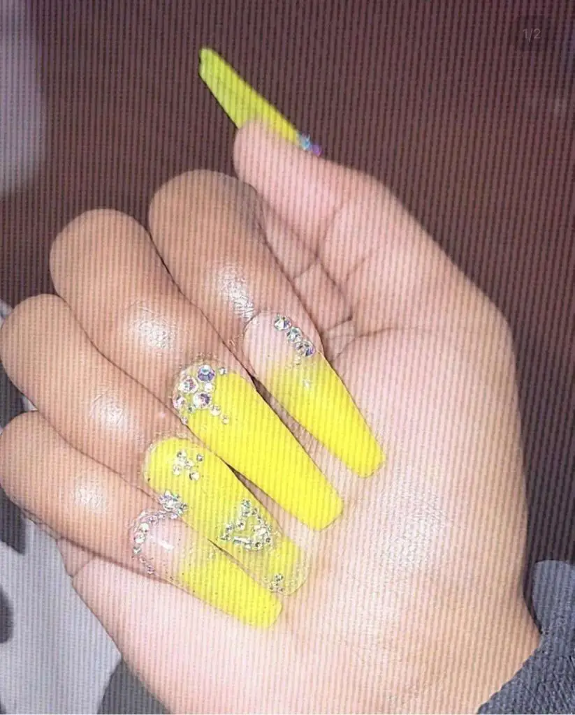 Ombre Coffin Matte Yellow Nails With Rhinestones