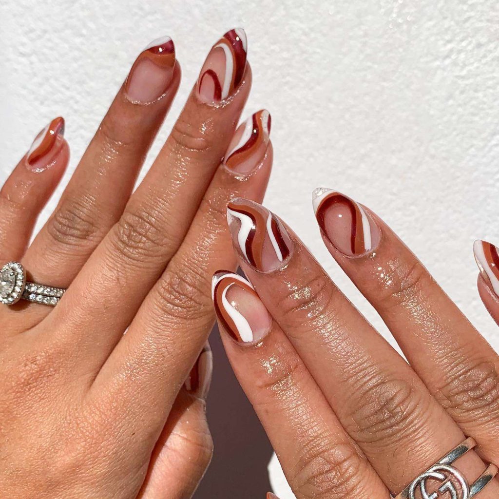Ombre Swirls Brown Almond Nails
