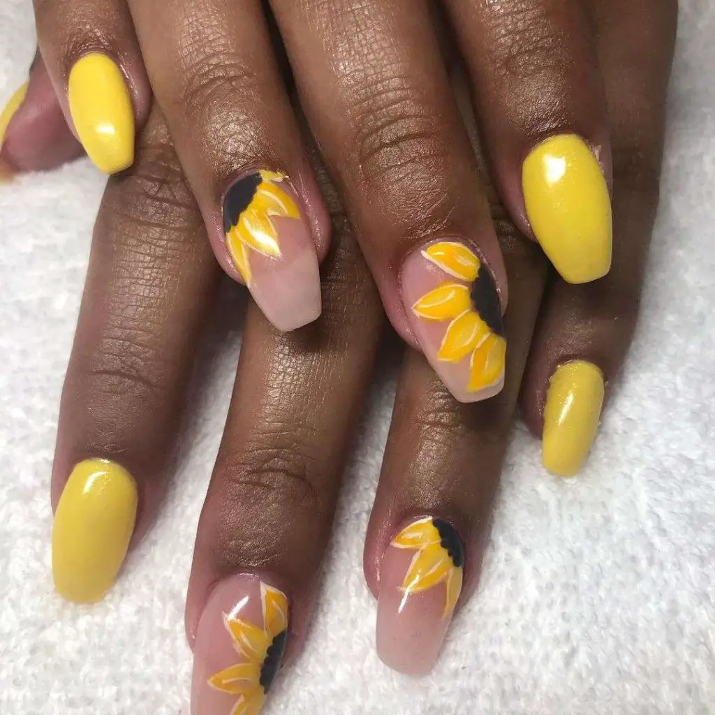 Pastel Pink And Yellow Nails With Sunflower
