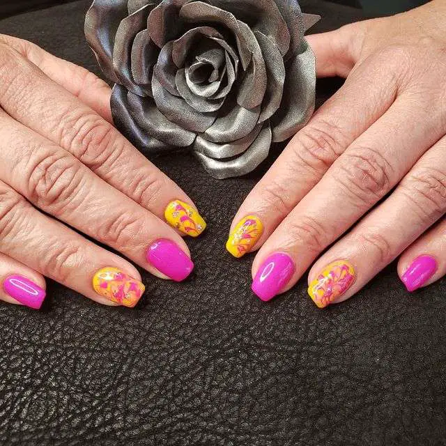 Pink And Yellow Nails With Color Splash