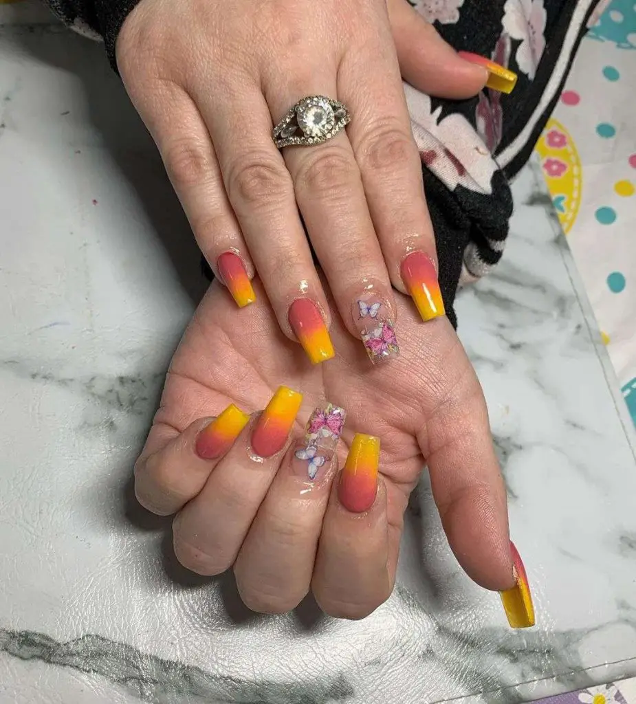Pink And Yellow Nails With Butterfly Art