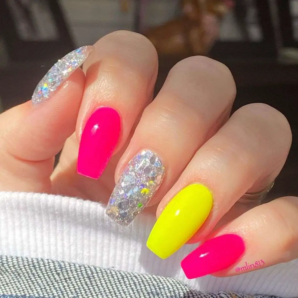 Too Hot And Glittery Pink And Yellow Nails