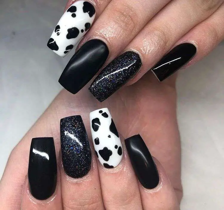 Black Gel And Matte Cow Print Nails 