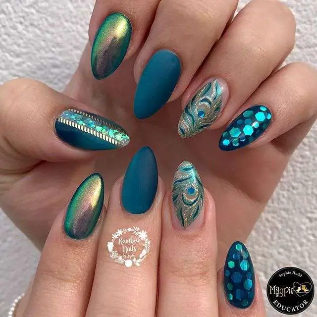 Elegant Blue, Green &Amp; Gold Peacock Nail Designs
