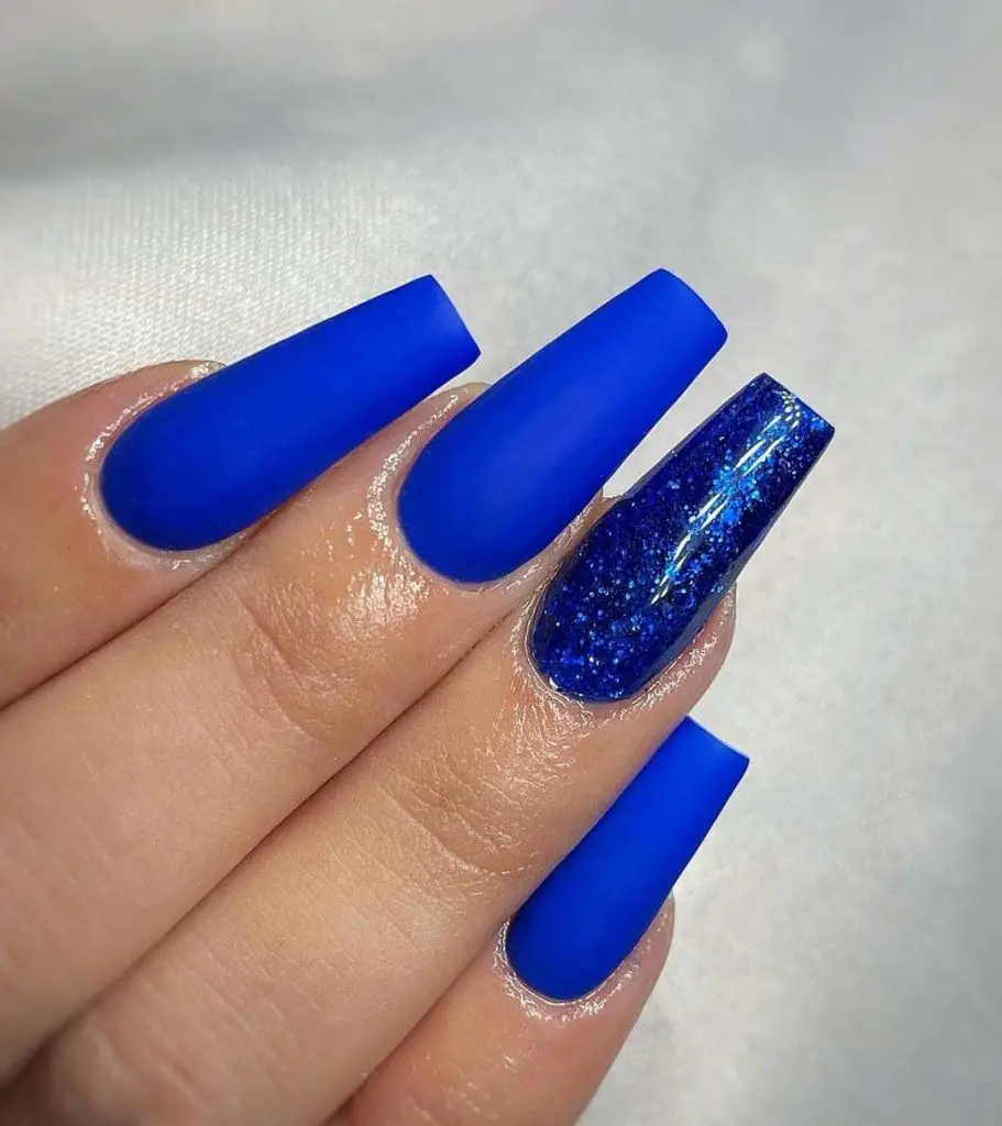 Sparkly Matte Blue Nails With Glitter