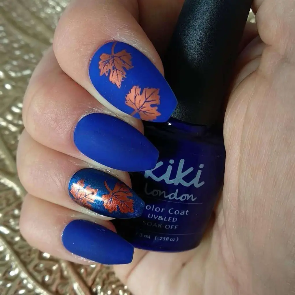 Autumn Matte Blue Nails With Leaf Art
