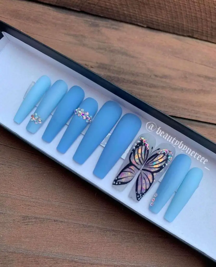 Twilight Butterfly Matte Blue Nails With Gems