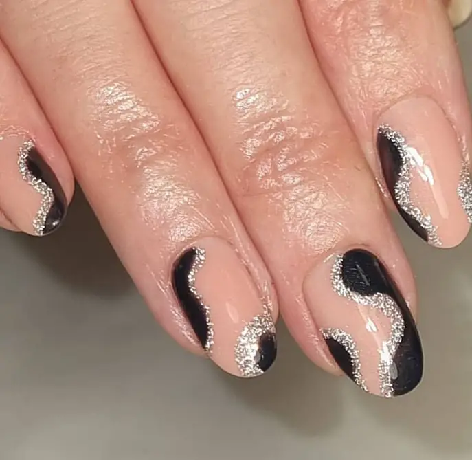 Wavey Black And Silver Nails