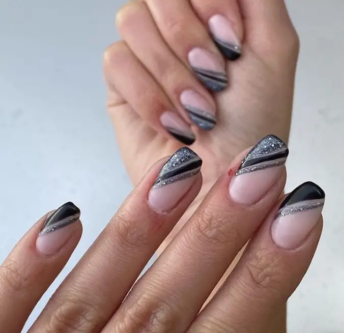 Diagonal Tips Black And Silver Nails