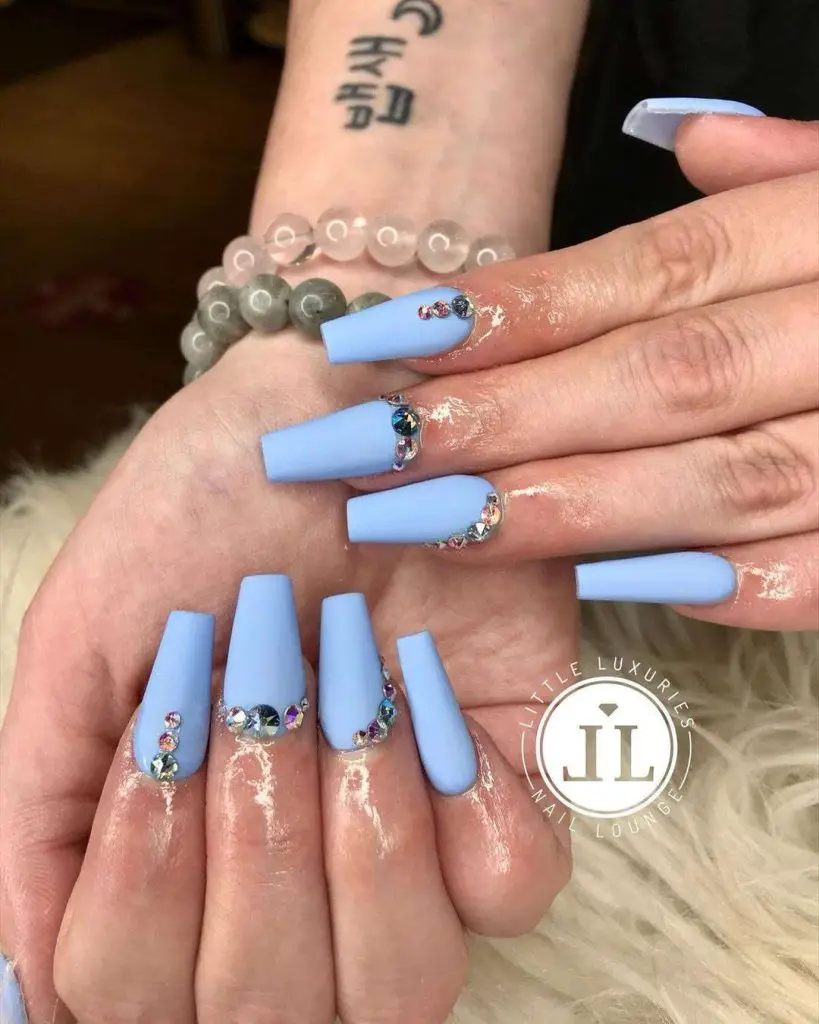 Cool Matte Blue Nails Designed With Rhinestones