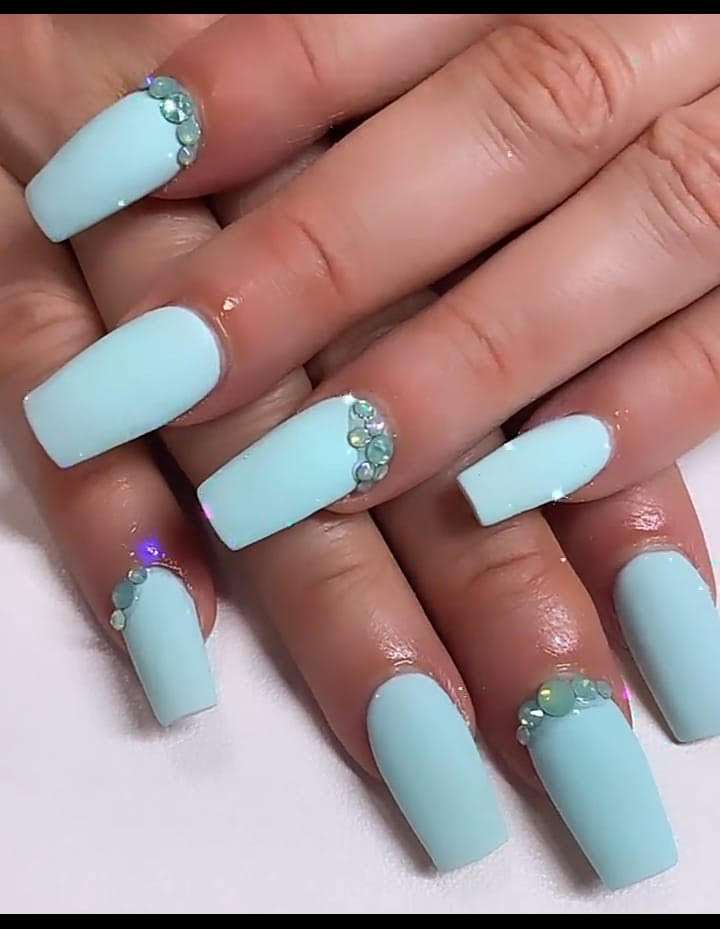 Short Bling Matte Blue Nails With Rhinestones