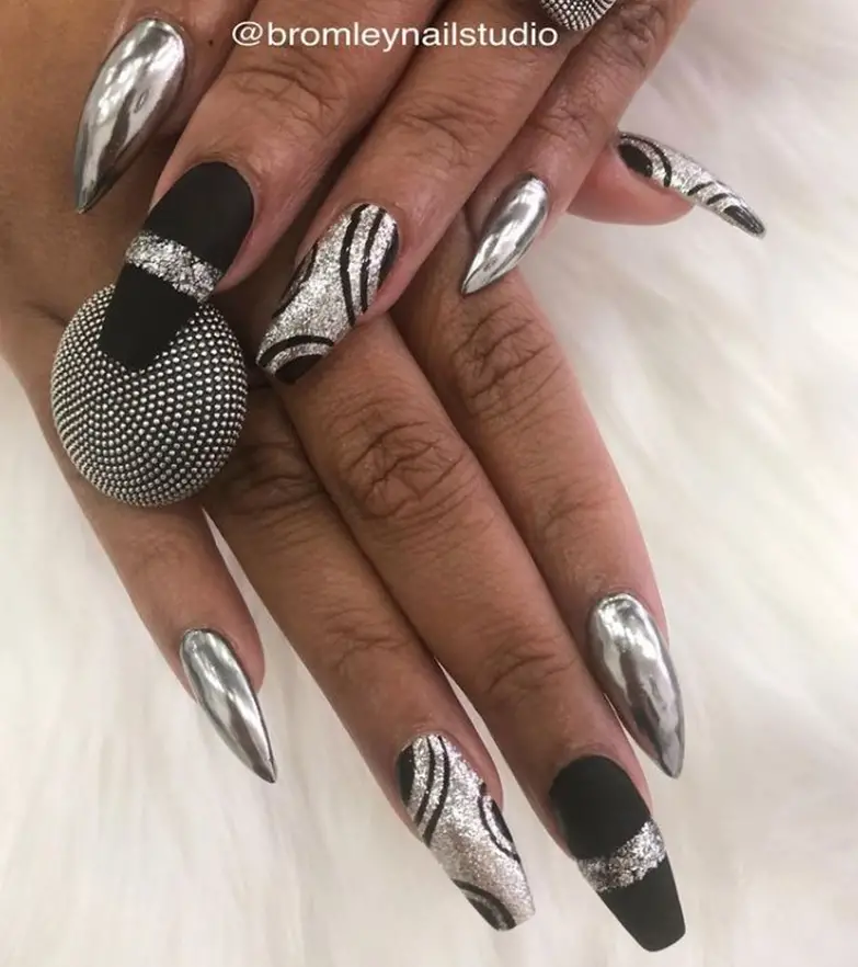 Fancy Black And Silver Nails