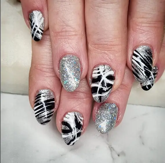 Patterned Black And Silver Nails