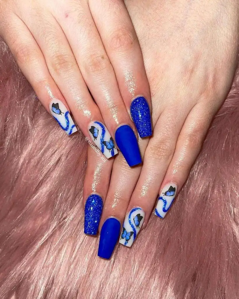 Classy Blue And White Butterfly Matte Nails