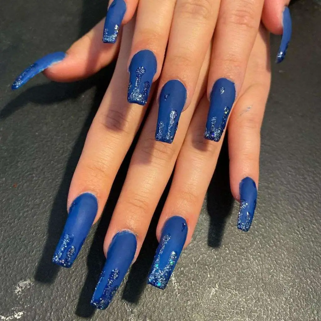 Glitter Drip Dark Blue Matte Nails