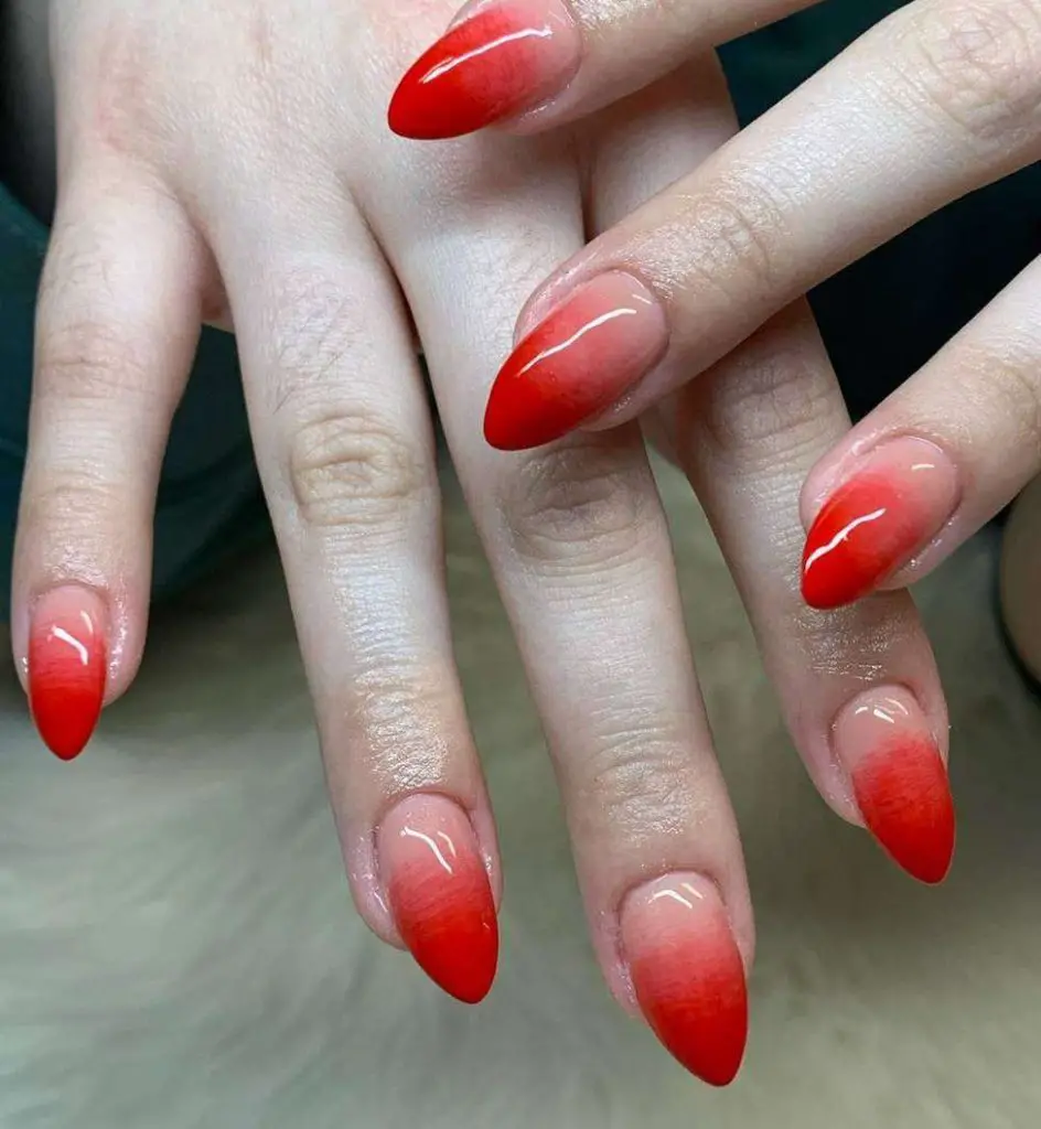 Glossy Nezuko Nails With Reddish Tones