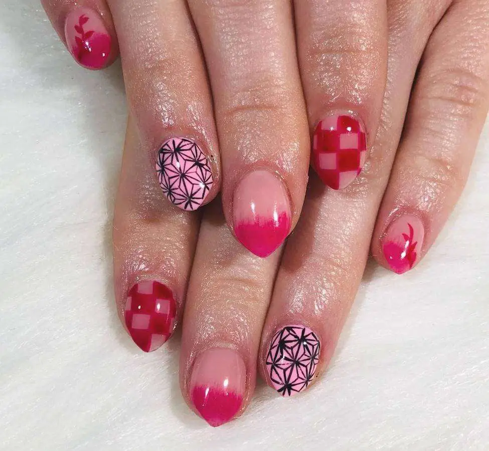 Mismatched Pink Nezuko Nails