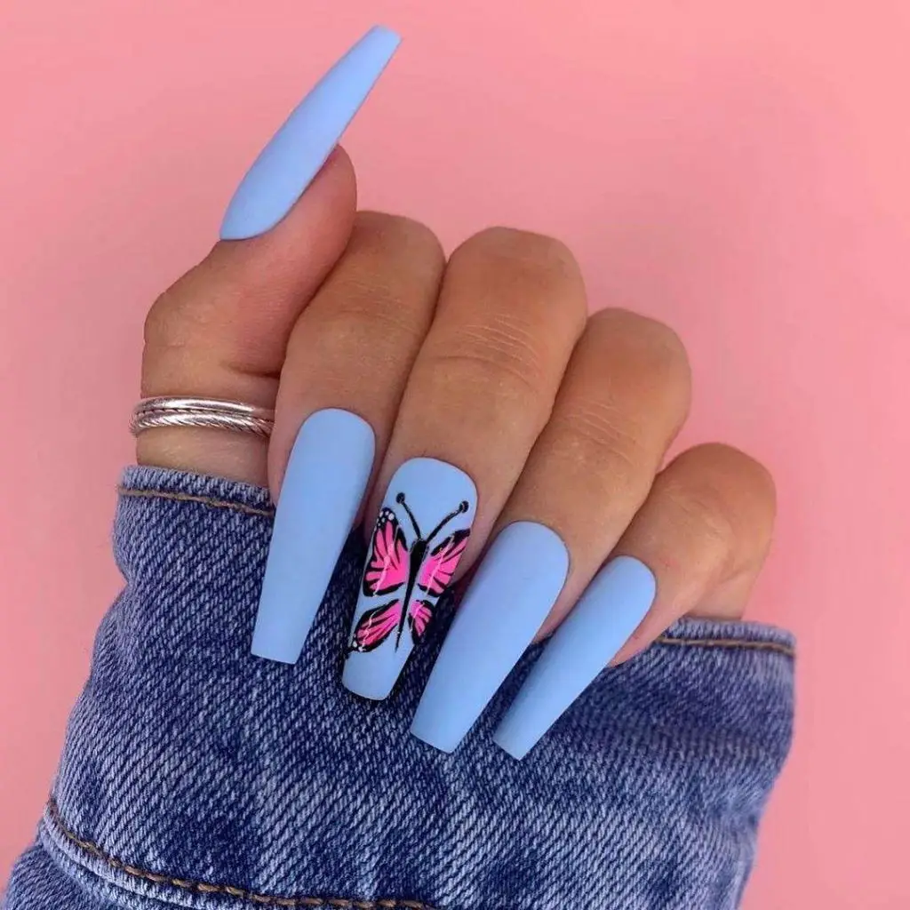 Matte Blue Nails With Butterfly Design