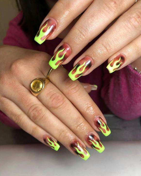 Neon Green Flame Nails