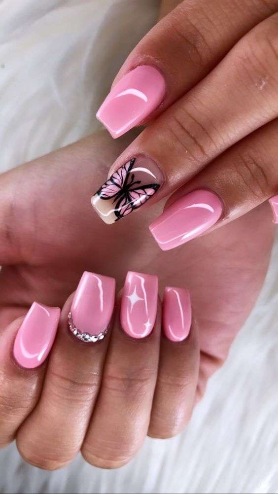 Simple Pink Butterfly Acrylic Nails