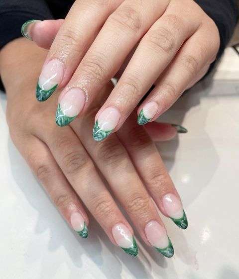 Almond Green Marble Nails