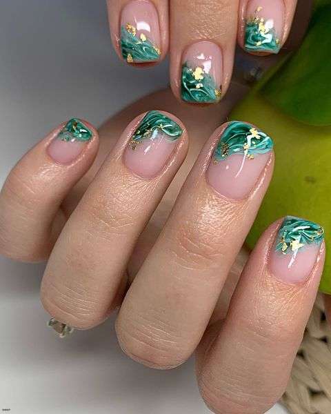 Emerald Green Marble Nails With Gold