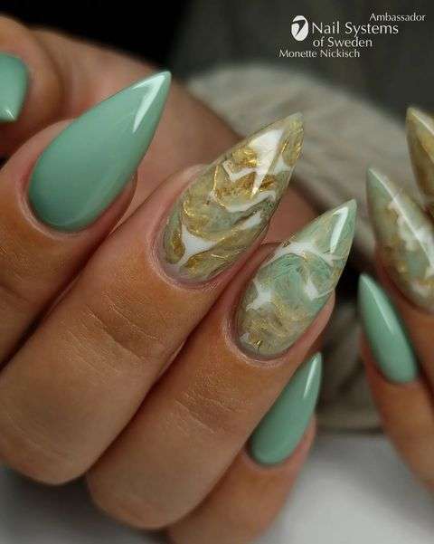 Stiletto Green Marble Nails With Stone Effect